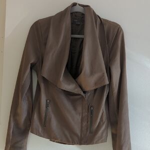 Vince Brown Leather Moto Jacket with Draped Collar